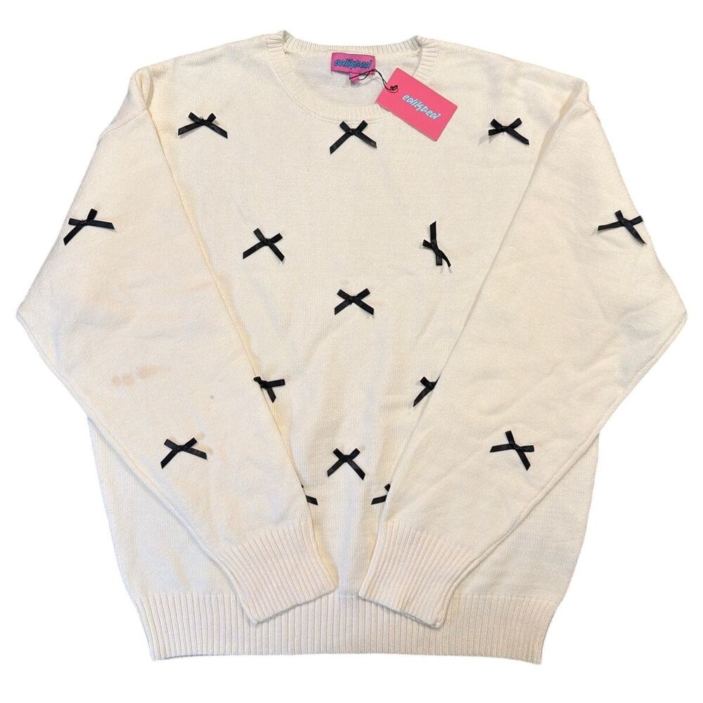 NWT Edikted Bow Crewneck Sweater, Cream Black Ribbon Detail, Large *Flawed*